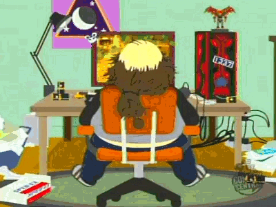 Animated gif of a man coming home from work and sitting at a computer